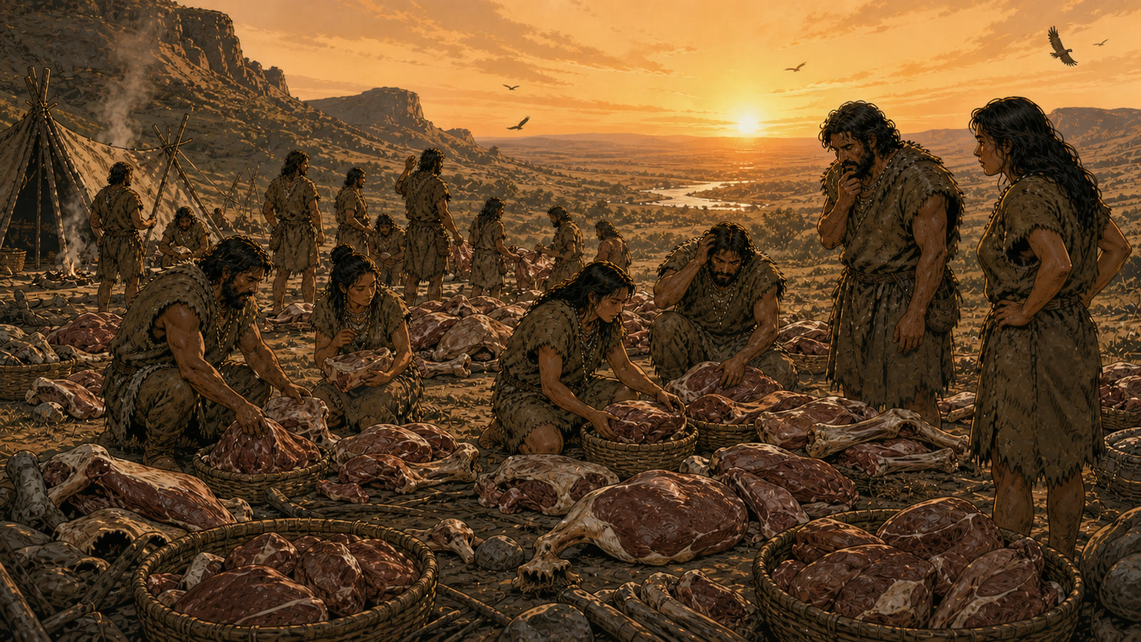 Illustrative reconstruction of people processing a large hunted animal beside a fire